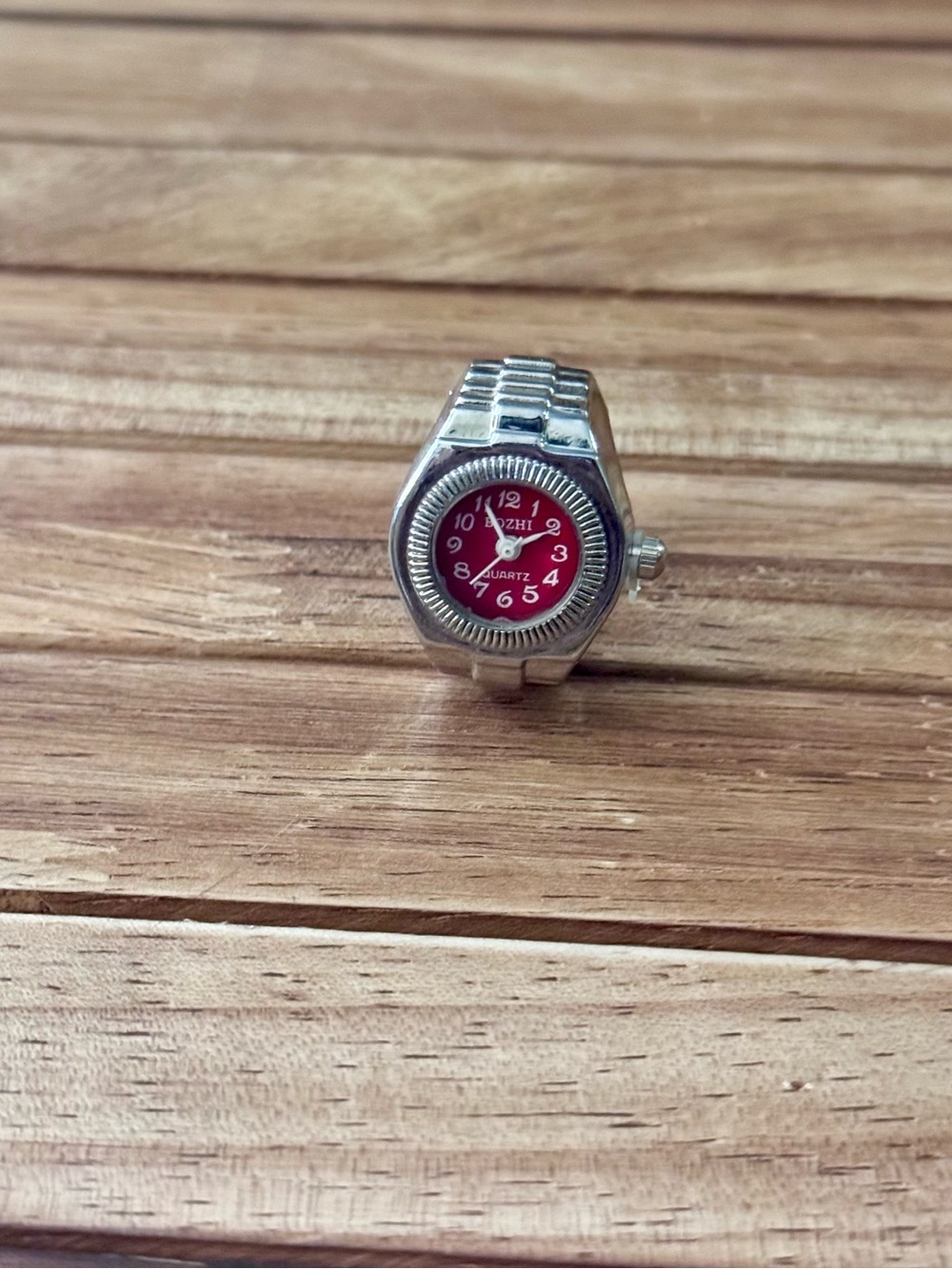 Silver-tone Ring Watch with Red Dial
